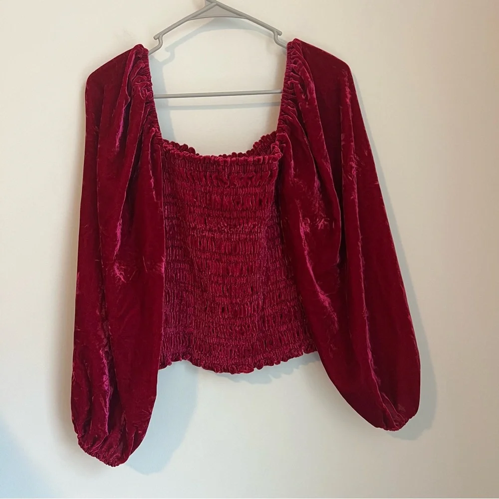 Anthropologie Puff Sleeve Velvet Smocked Magenta Pink Top Women's Large